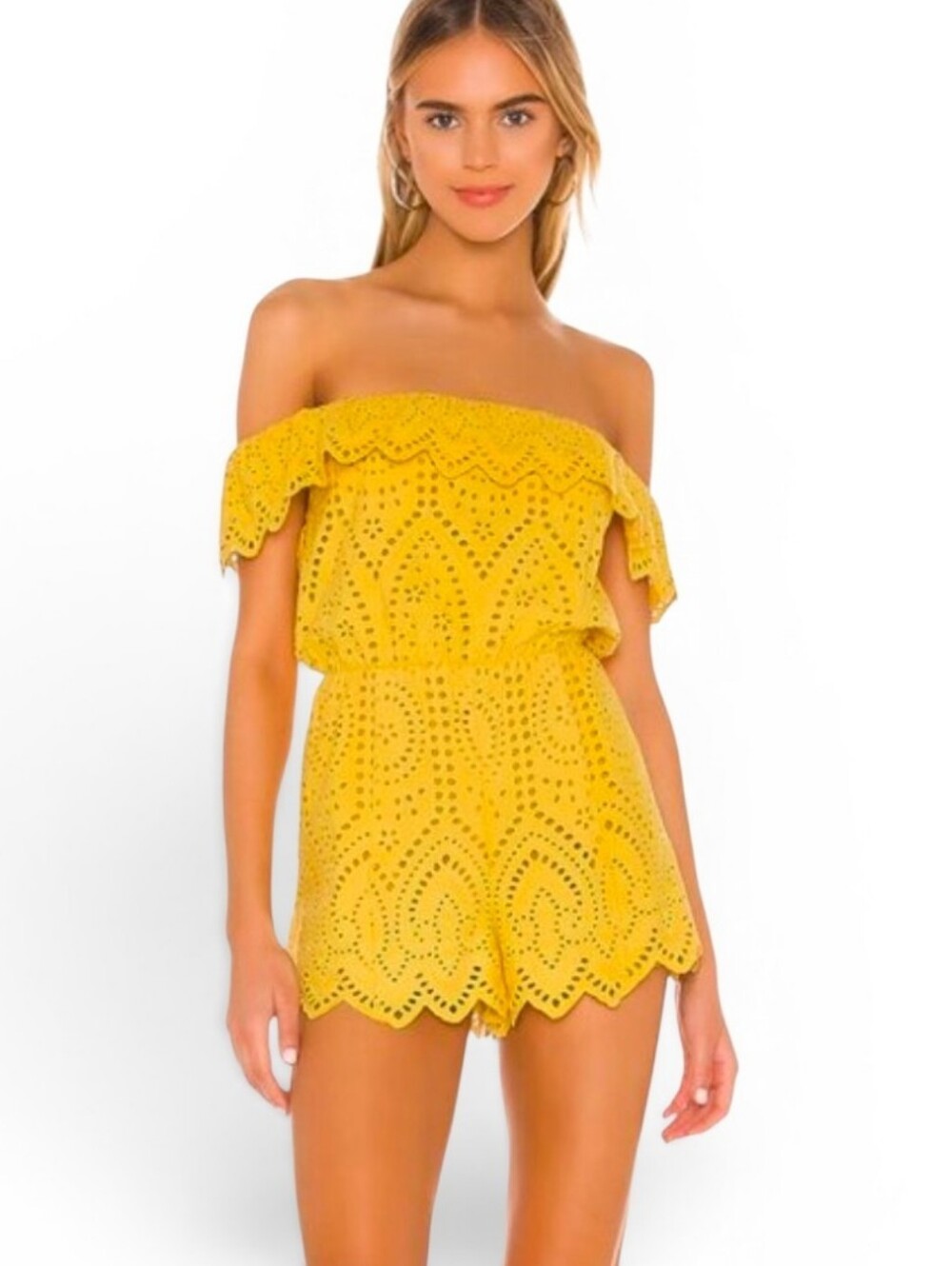 TULAROSA X REVOLVE Jordina Yellow Off The Shoulder Eyelet Crochet Romper - XL